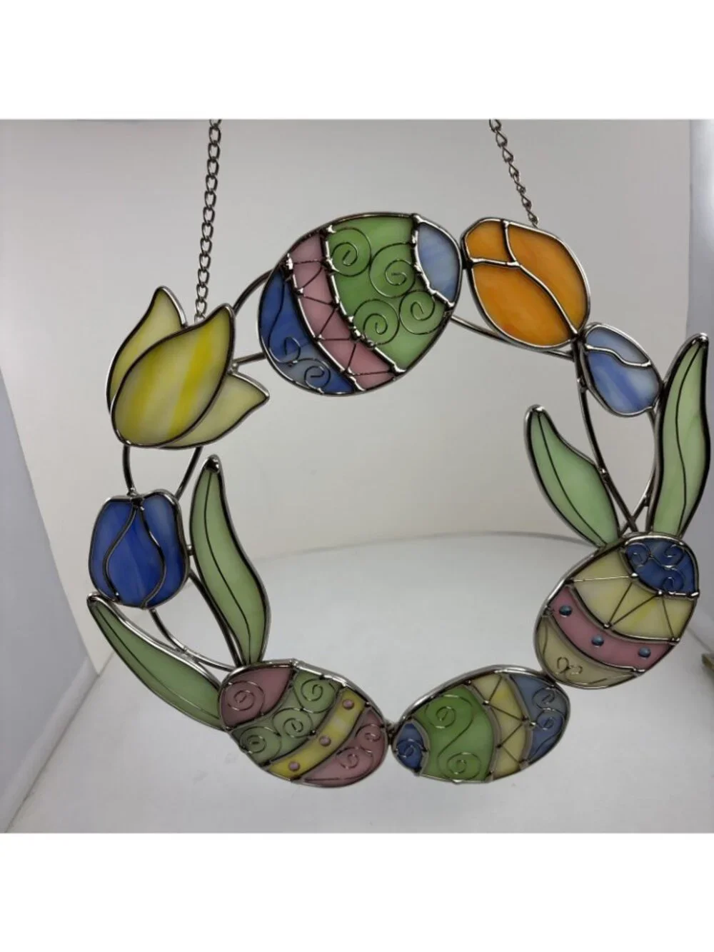 Stained Glass Easter Egg Tulip Wreath Hanging Suncatcher